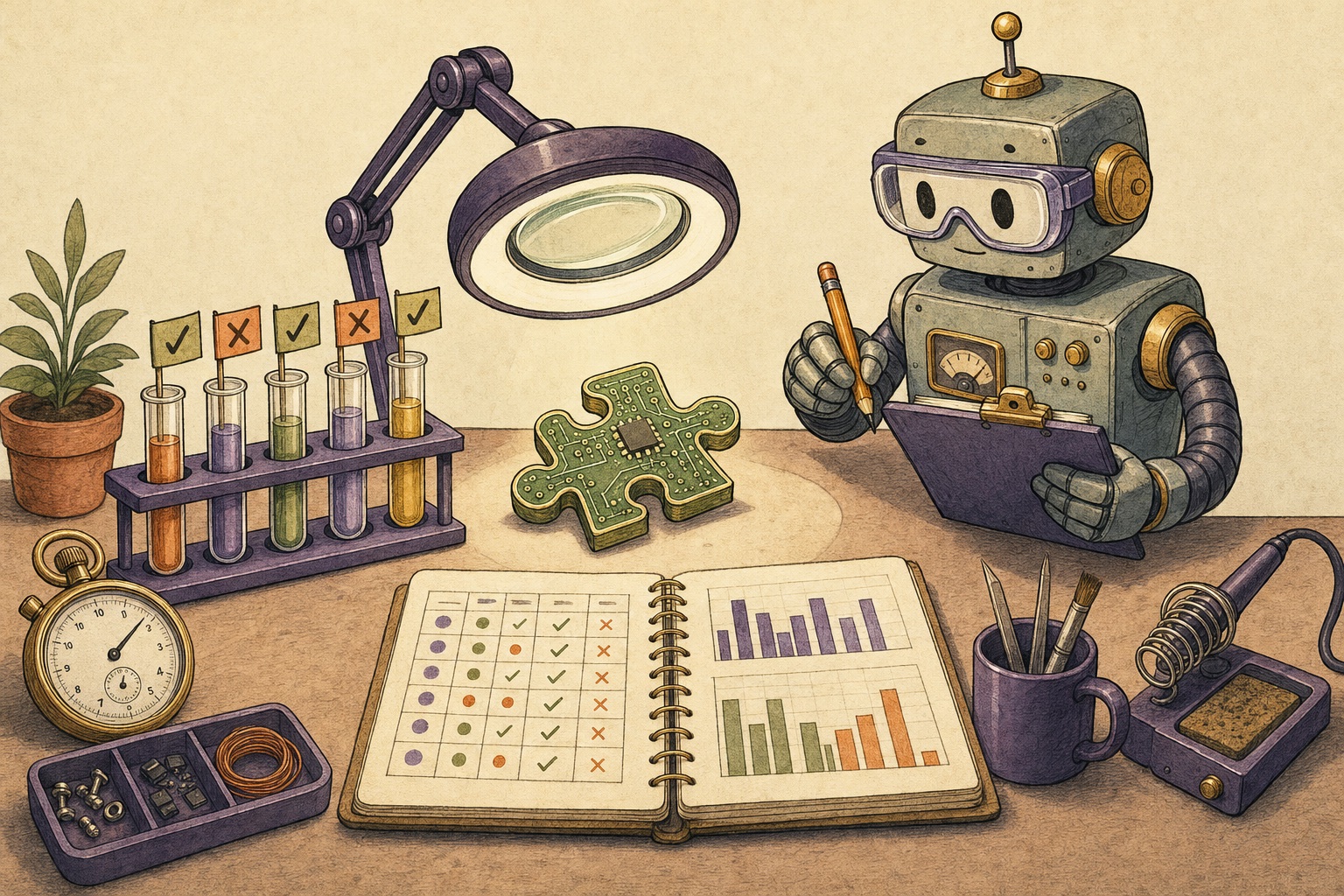 A tidy laboratory workbench: a small circuit board shaped like a puzzle piece under a magnifying lamp, a rack of test tubes topped with check-mark and cross flags, a stopwatch, a notebook of results tables, and a friendly robot in safety goggles writing on a clipboard.