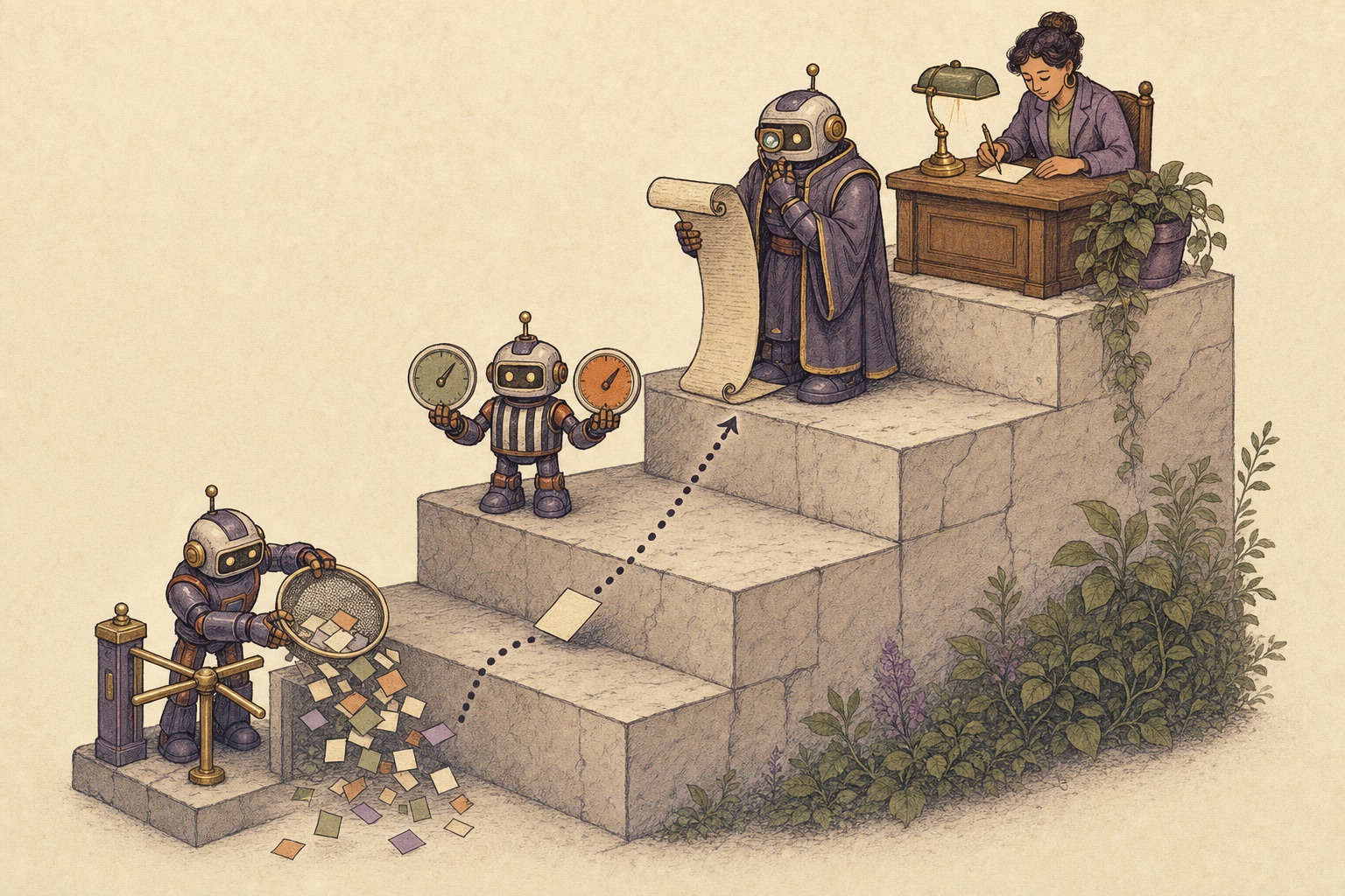 A four-step stone staircase. At the bottom a gatekeeper robot pours cards through a sieve at a turnstile, and most pass straight through. On the second step a referee robot holds two probability dials. On the third a larger robot reads a scroll. At the top a person at a desk with a lamp signs a card. A dotted arrow shows one card climbing only to the second step.