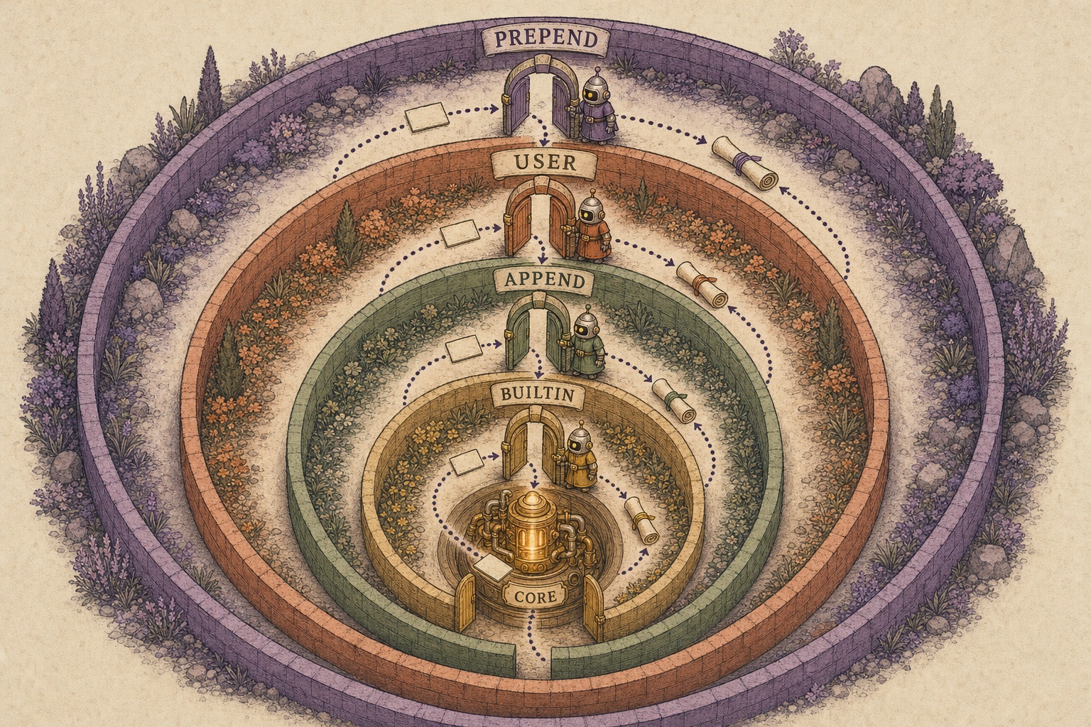 Concentric garden walls seen from above, tinted violet, clay, sage and gold from outside in, labelled PREPEND, USER, APPEND and BUILTIN, with a glowing brass engine labelled CORE at the center. A card travels inward through a gate in each ring, and a rolled-up result scroll travels back outward.