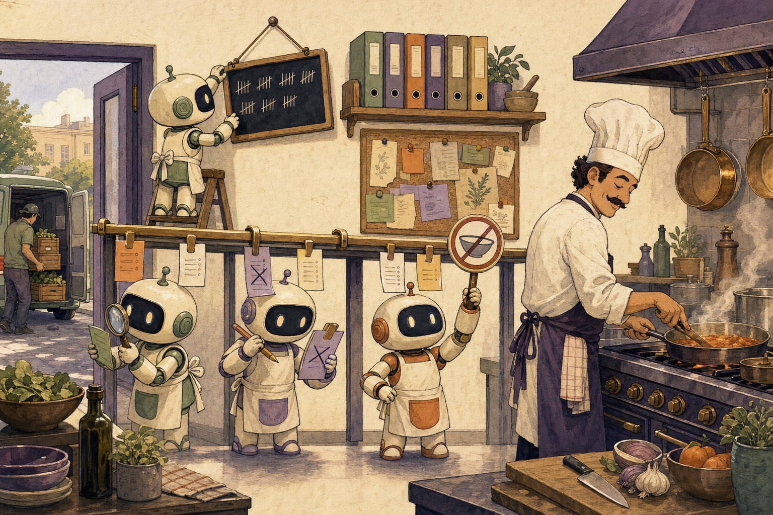 A cozy kitchen. Order tickets slide along a rail past three small helper robots in aprons before reaching a smiling chef at a stove. One helper reads a ticket with a magnifying glass, one crosses something out with a pencil, one holds up a sold-out paddle. Another hangs a chalkboard of tally marks. On the wall are recipe binders and a corkboard of notes, and a delivery van unloads at the back door.