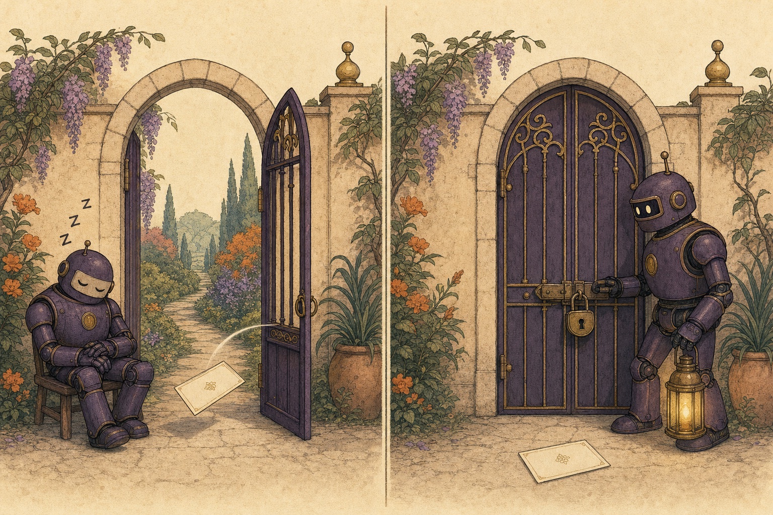 Two panels of the same garden gate. Left: the robot sentry has dozed off and the gate swings open, letting a card float through. Right: a second robot with a lantern has shut the gate and fastened a big padlock, and the card waits outside.