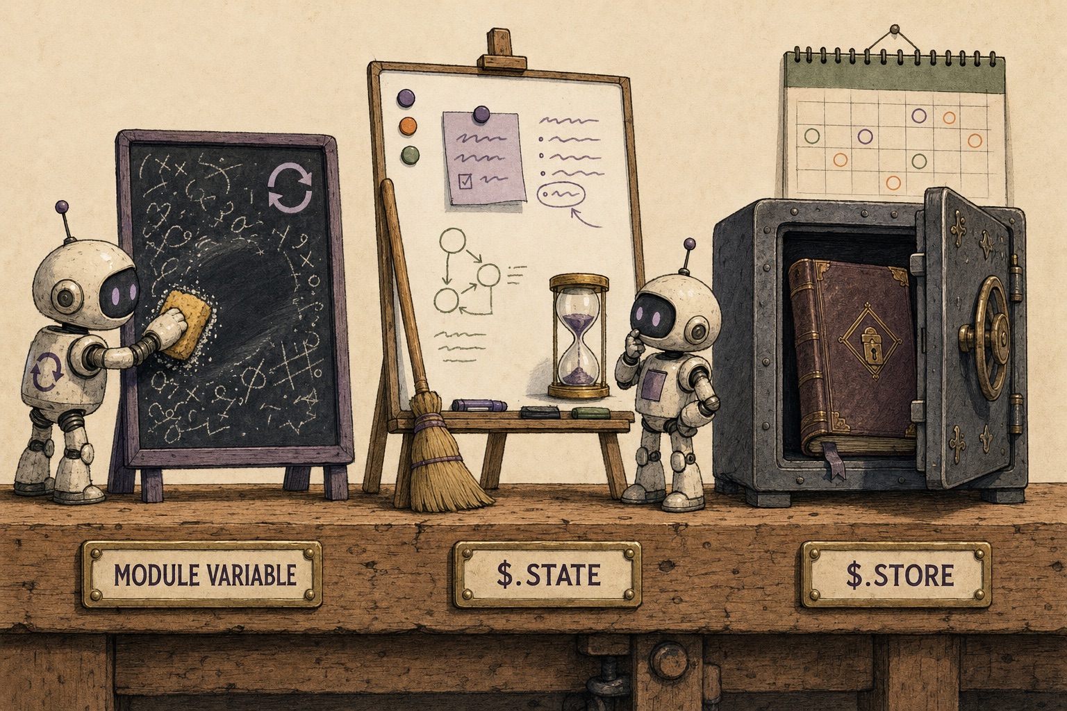 Three storage objects on a workbench. A robot wipes a chalk slate labelled MODULE VARIABLE. A whiteboard on an easel with an hourglass and a broom is labelled $.STATE. A leather ledger in an open iron safe with a calendar behind it is labelled $.STORE.