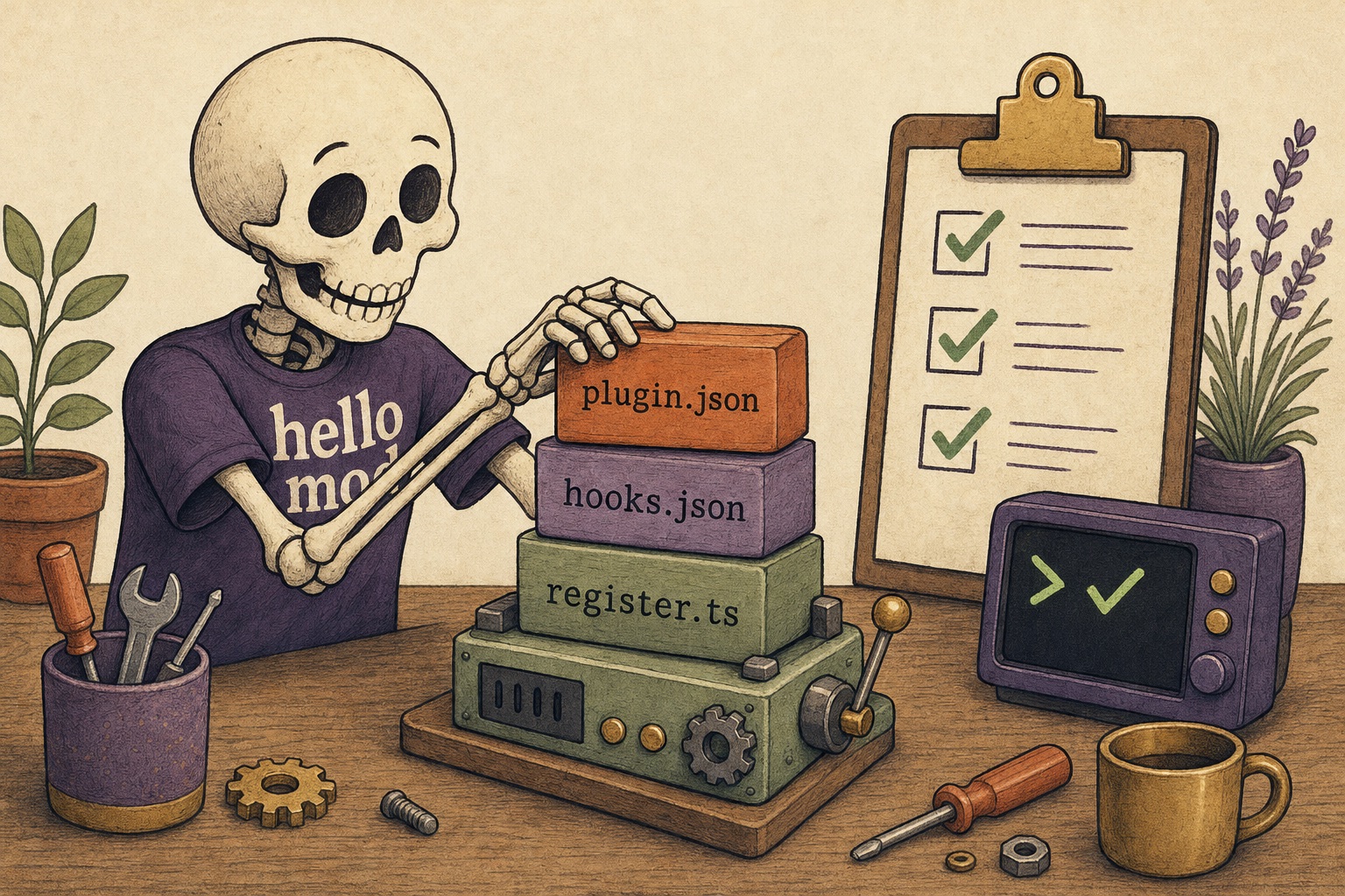 An illustrated skeleton assembling a small mod from three labelled files, plugin.json, hooks.json and register.ts, with a test bench and a guard gate beside it.