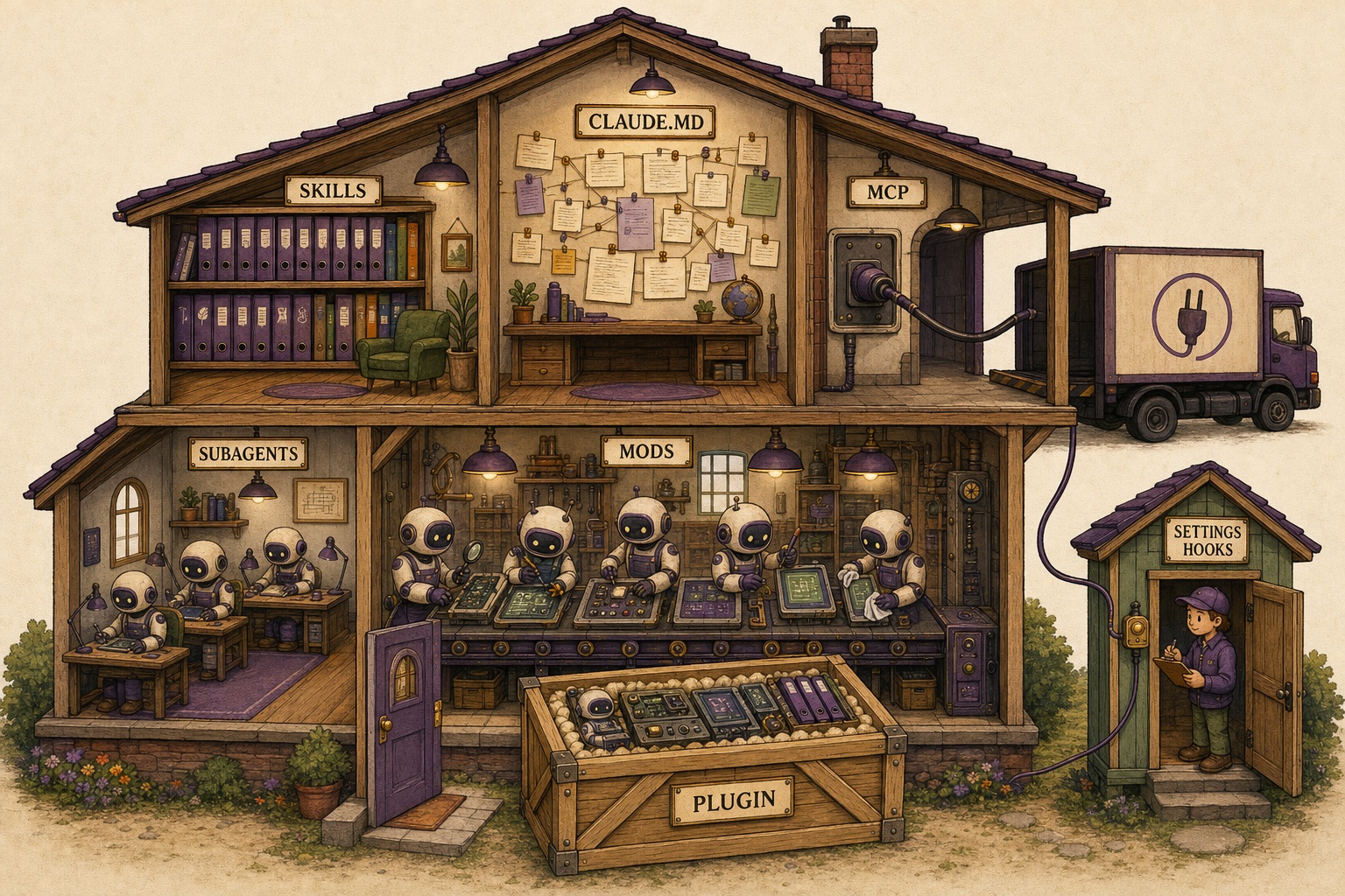 A cutaway workshop like a dollhouse. Labelled rooms: a shelf of binders marked SKILLS, a wall of pinned notes marked CLAUDE.MD, a loading dock marked MCP where a delivery truck plugs in a cable, a shed outside marked SETTINGS HOOKS where a person with a clipboard answers a doorbell, an assembly line of robot helpers marked MODS, a side room of apprentice robots at desks marked SUBAGENTS, and a wooden crate at the front door marked PLUGIN holding all of them.