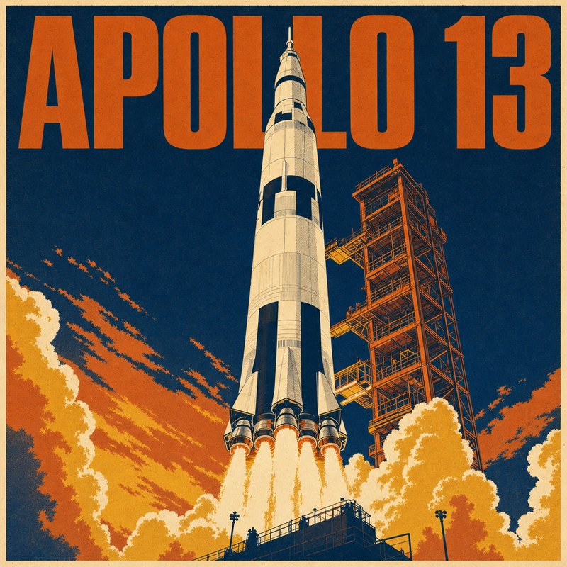 Vintage-style poster of the Saturn V lifting off past its launch tower at dusk, APOLLO 13 lettered across the sky