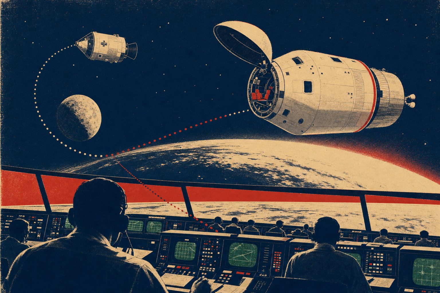 Vintage silkscreen-style poster bridging two eras: 1970 Apollo mission control consoles in the foreground, a modern crew capsule and an Apollo command module in orbit above Earth, joined by a dotted trajectory looping around the Moon