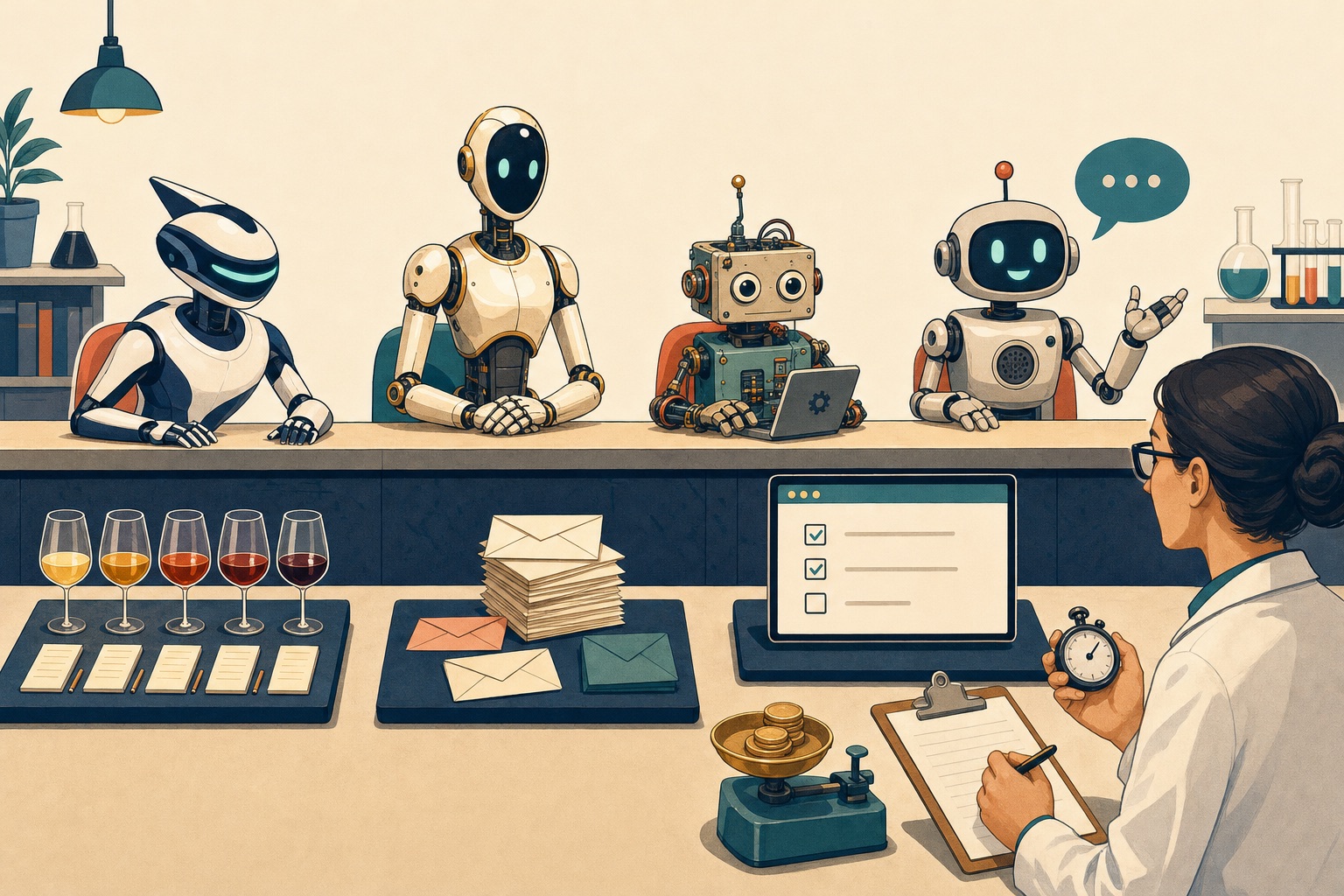 Four different small robots sit side by side at a lab bench as contestants, facing three test stations (wine glasses with tasting notes, a stack of envelopes, a browser window with checkboxes) while a scientist with a clipboard and stopwatch takes notes beside a scale weighing coins.