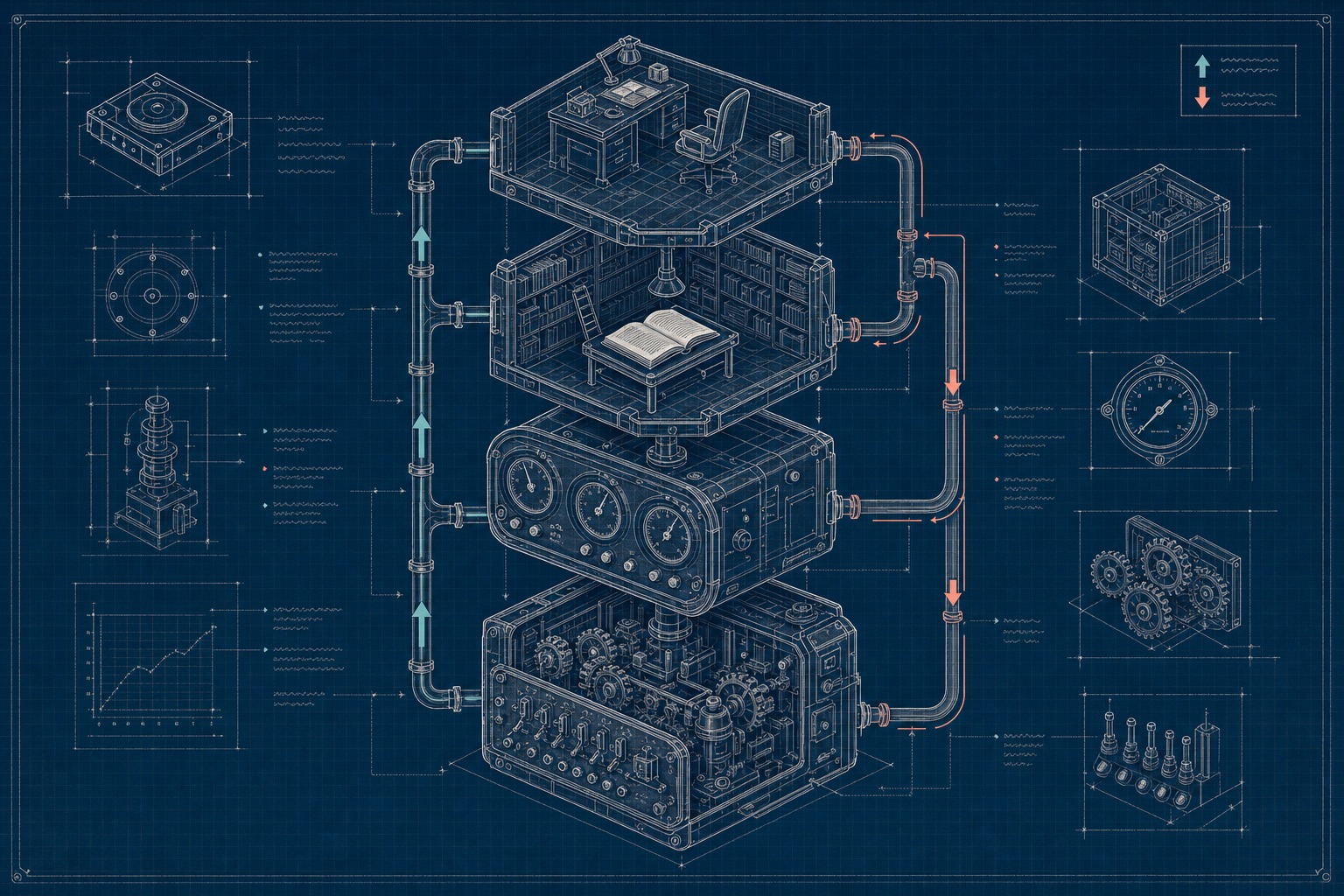 A blueprint-style exploded view of four stacked modules (gears, a gauge cluster, a library, a desk) joined by pipes, with flow going up and a return pipe bringing fixes back down.