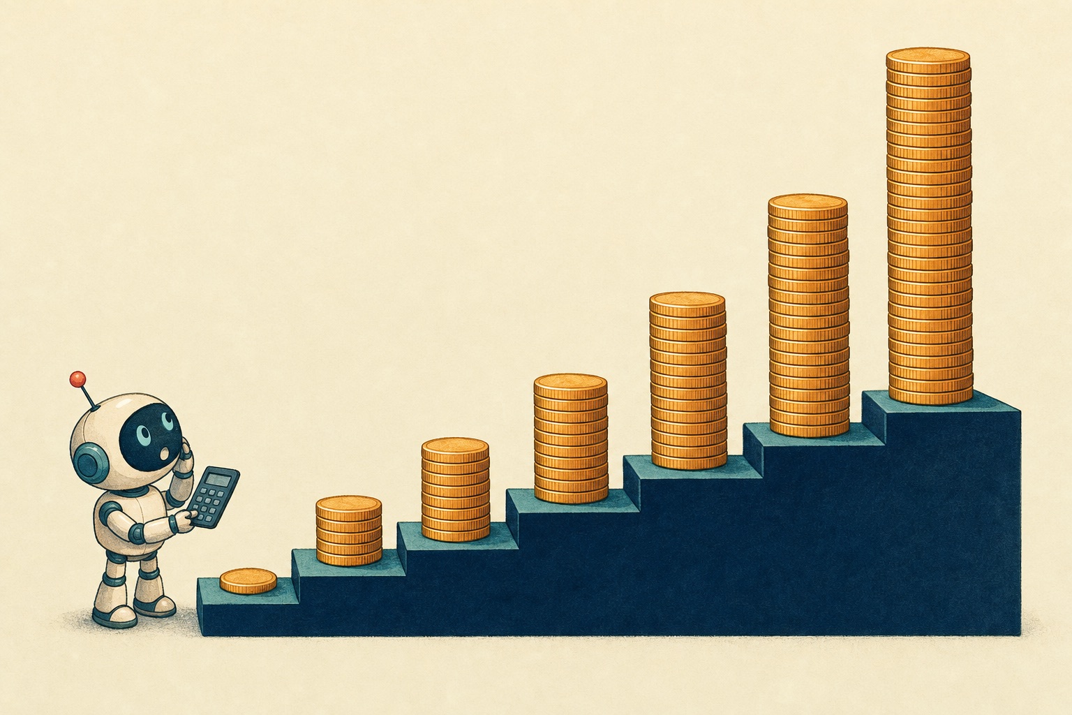 A staircase of six steps, each with a stack of gold coins growing dramatically taller from left to right. A small robot with a pocket calculator on the first step stares up at the tallest stack.