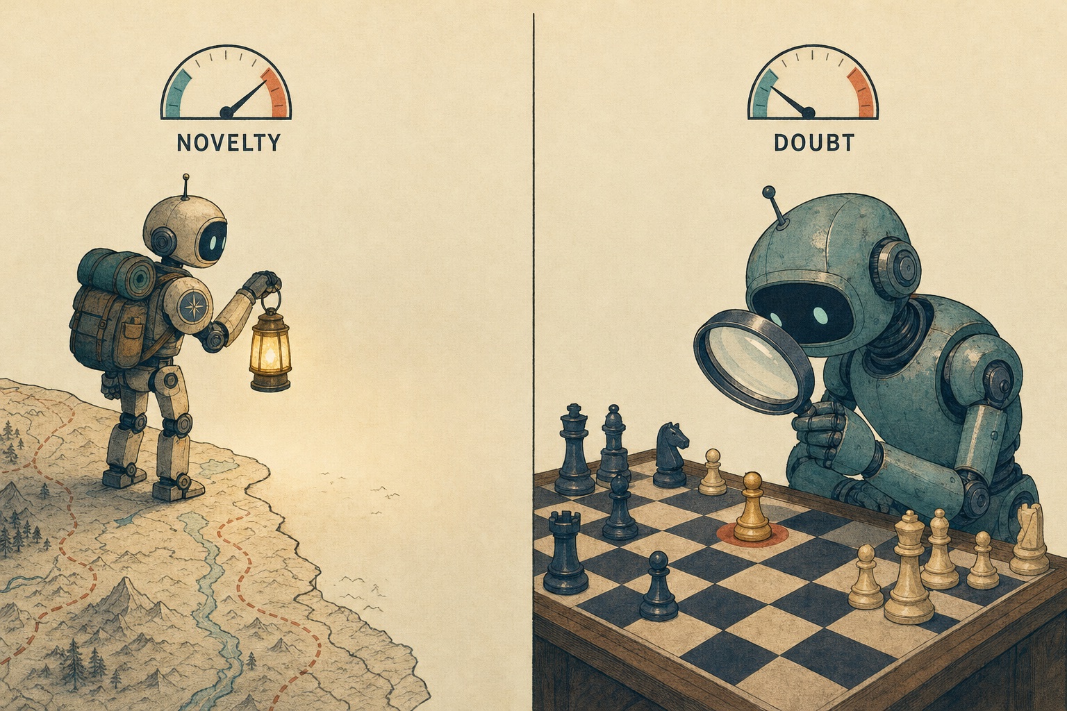 Two scenes. Left: an explorer robot with a lantern at the edge of a map where the roads end, under a gauge labeled Novelty. Right: a robot looking through a magnifying glass at a single chess-like piece that was just moved, under a gauge labeled Doubt.
