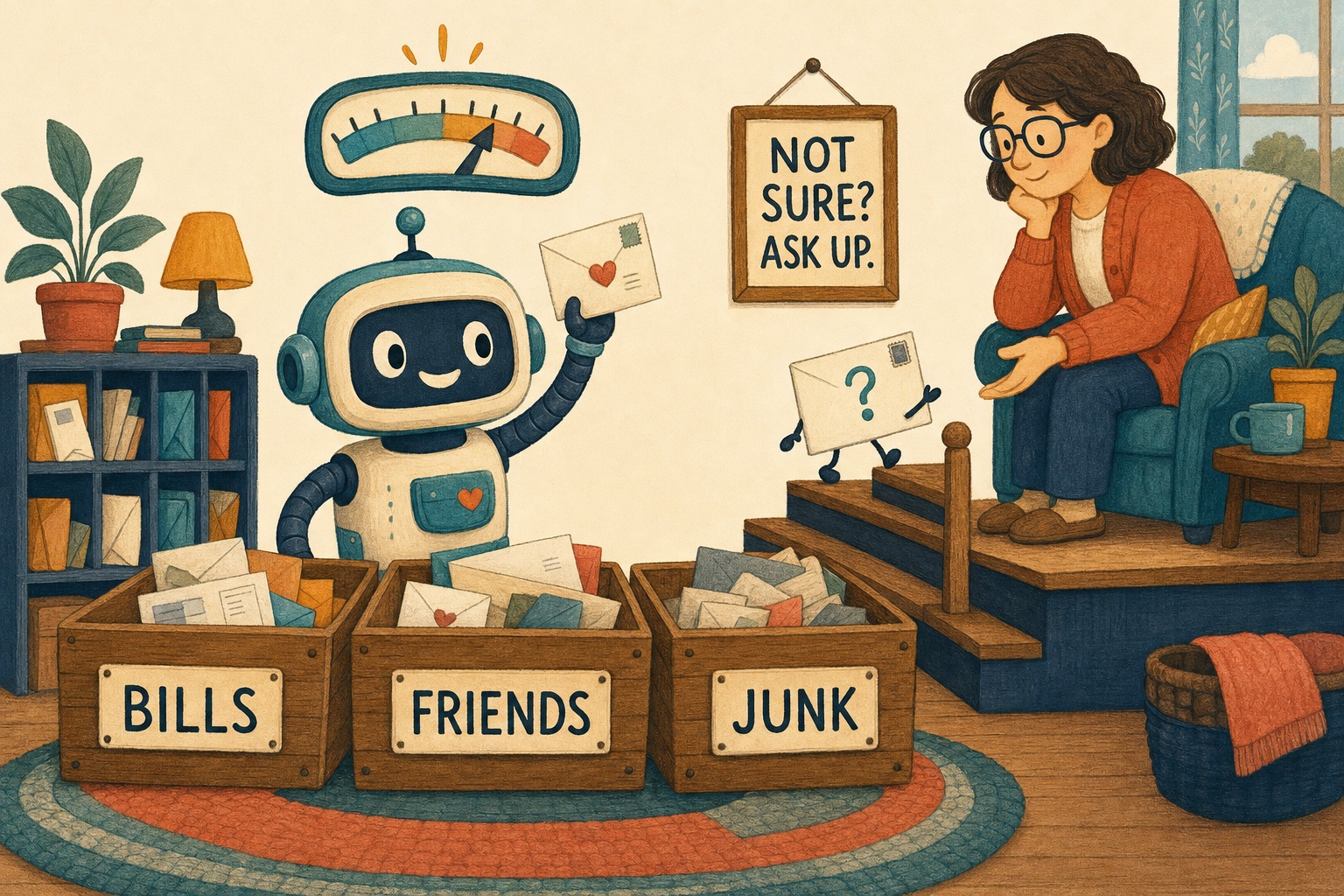 A cheerful robot sorts letters into three bins labeled Bills, Friends and Junk, with a gauge over its head showing it is fairly sure. A puzzled letter is handed up a staircase to a kind grown-up in an armchair. A sign reads: Not sure? Ask up.
