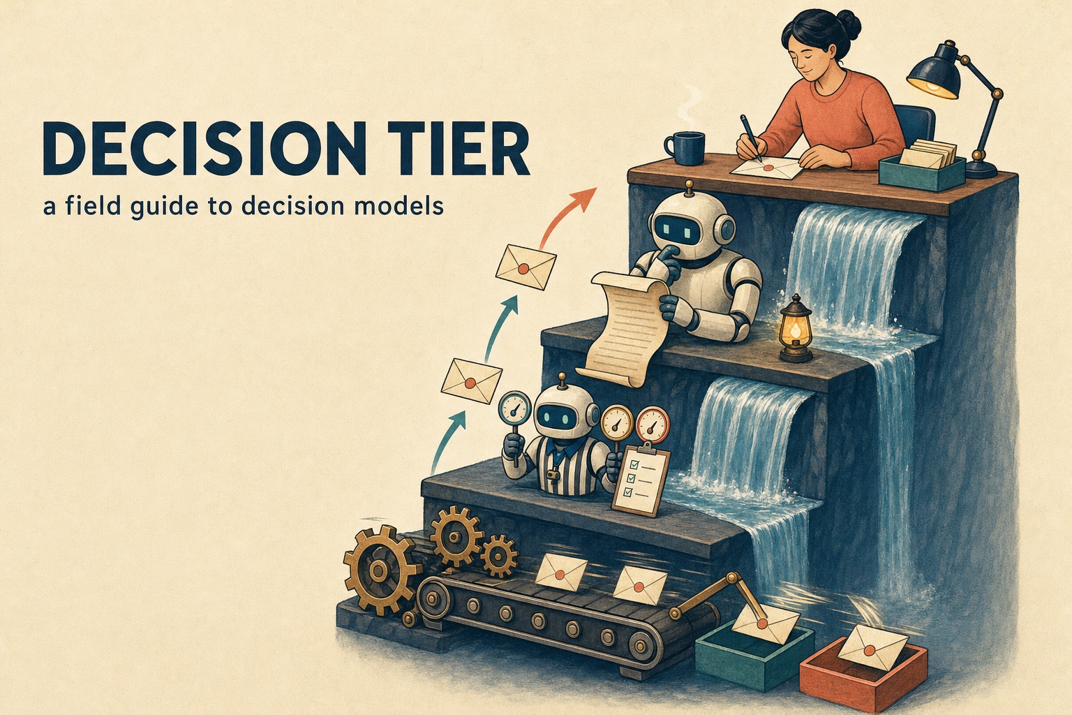 An illustrated four-step cascade: gears sorting envelopes at the bottom, a small robot referee with probability dials, a larger robot reading a scroll, and a person at a desk at the top. Title: Decision Tier, a field guide to decision models.