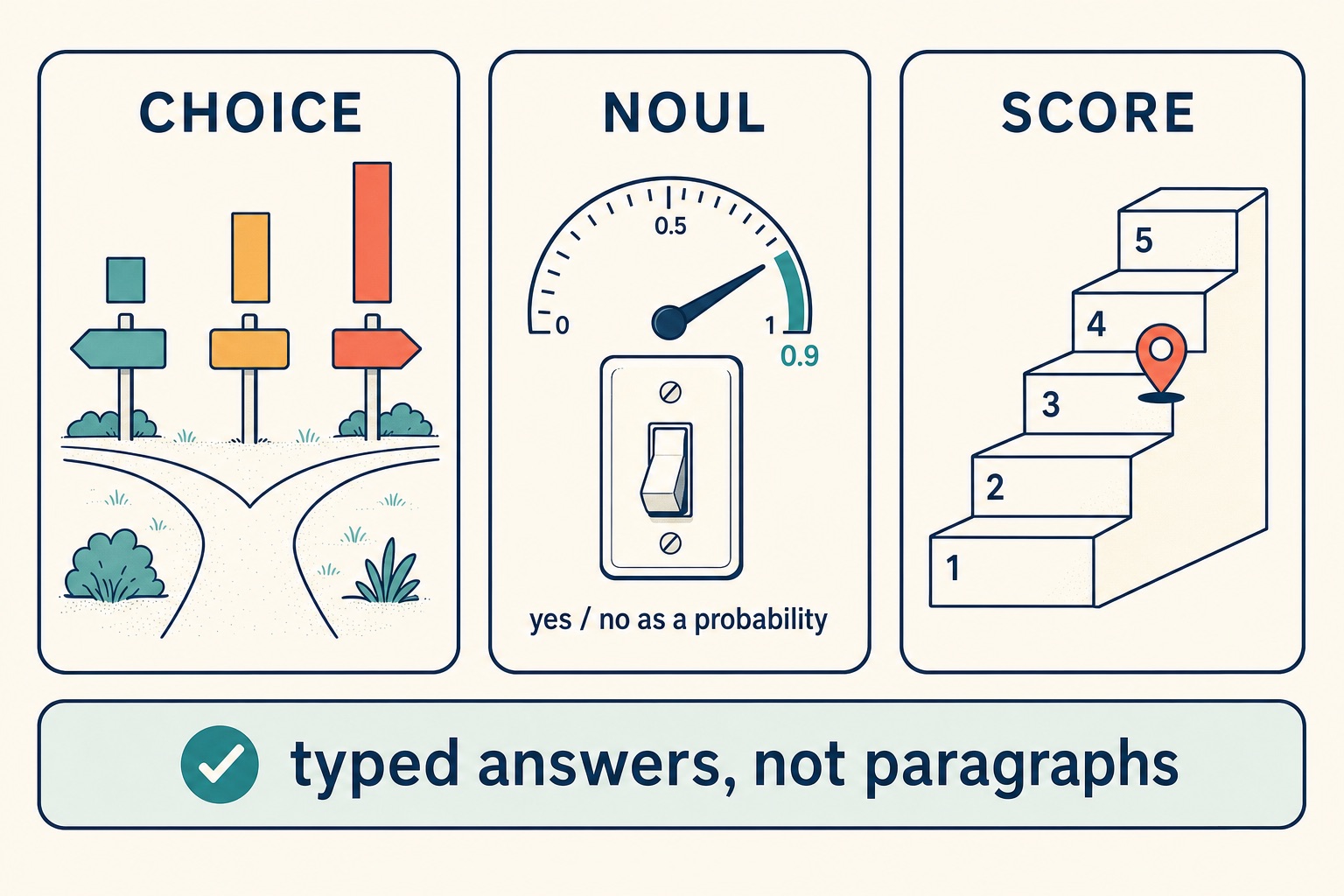 Three illustrated cards. Choice: a fork in a path with three signposts and bars of different heights. Noul: a switch with a gauge near 0.9, yes or no as a probability. Score: a five-step staircase with a marker between steps three and four. Banner: typed answers, not paragraphs.