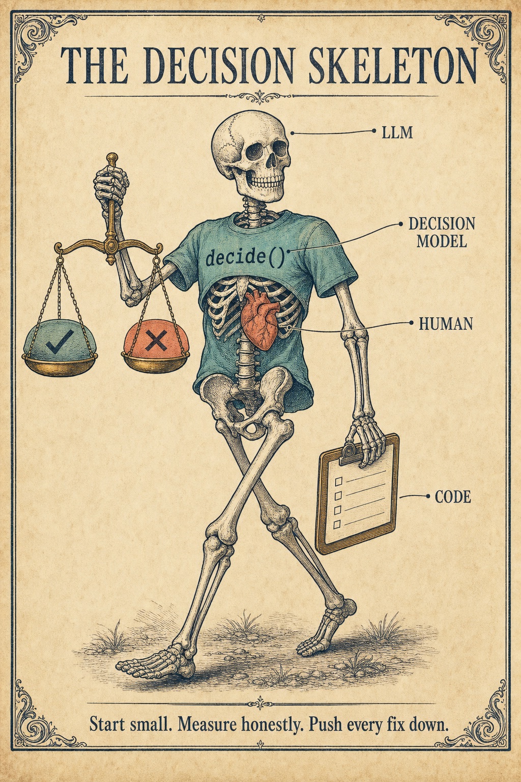 A vintage anatomical chart titled The Decision Skeleton: a walking skeleton in a t-shirt reading decide(), holding a balance scale and a clipboard, with labels LLM at the head, Decision model at the chest, Human at the heart and Code at the clipboard. Footer: Start small. Measure honestly. Push every fix down.
