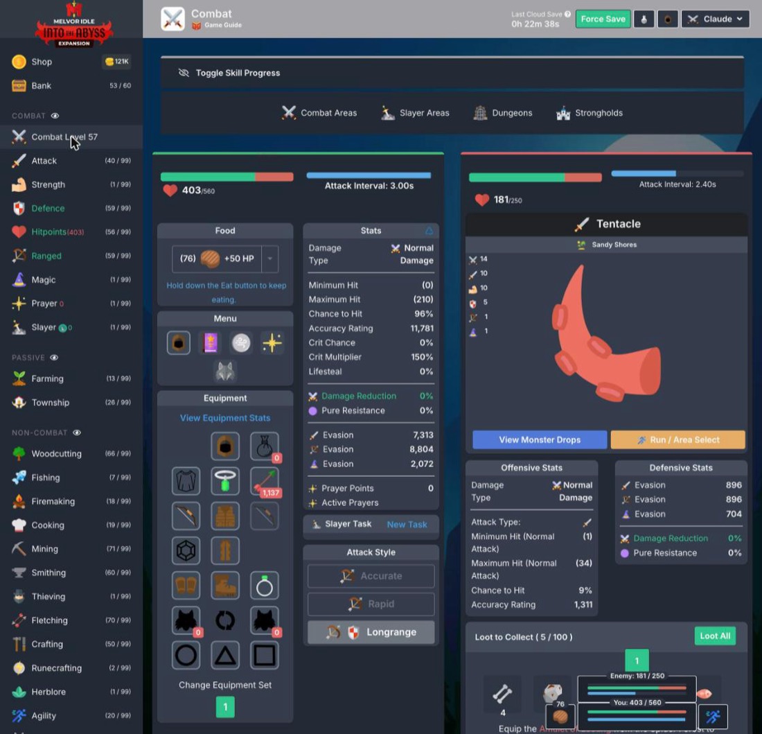 Melvor Idle's Combat page mid-fight. On the left, the skill sidebar lists each skill's level out of 99. In the middle, the player's panel shows 403 of 560 HP, a food slot, combat stats and the equipment grid with a quiver of 1,137 arrows. On the right, a Tentacle from Sandy Shores at 181 of 250 HP, its stats and a loot box holding 5 of 100 stacks.